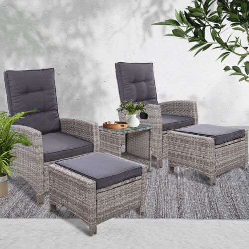 Gardeon 5PC Recliner Chairs Table Sun lounge Wicker Outdoor Furniture Adjustable Grey - Image 8