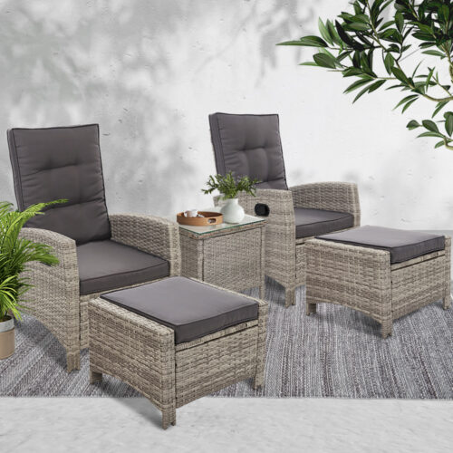 Gardeon 5PC Recliner Chairs Table Sun lounge Wicker Outdoor Furniture Adjustable Grey - Image 9