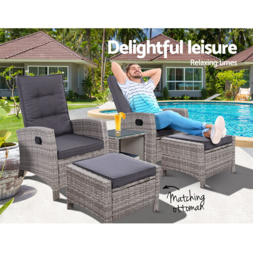 Gardeon 5PC Recliner Chairs Table Sun lounge Wicker Outdoor Furniture Adjustable Grey - Image 10