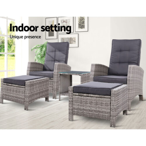 Gardeon 5PC Recliner Chairs Table Sun lounge Wicker Outdoor Furniture Adjustable Grey - Image 13