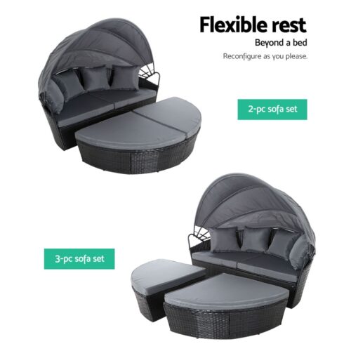 Gardeon Sun Lounge Setting Wicker Lounger Day Bed Outdoor Furniture Patio Black - Image 7