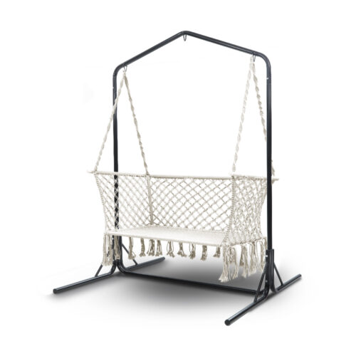 Gardeon Hammock Chair with Stand Macrame Outdoor Garden 2 Seater Cream - Image 2
