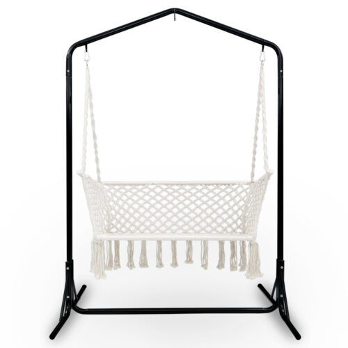 Gardeon Hammock Chair with Stand Macrame Outdoor Garden 2 Seater Cream - Image 3