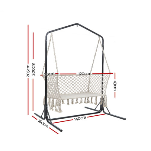 Gardeon Hammock Chair with Stand Macrame Outdoor Garden 2 Seater Cream - Image 4