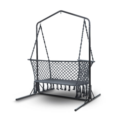 Gardeon Hammock Chair with Stand Macrame Outdoor Garden 2 Seater Grey - Image 2