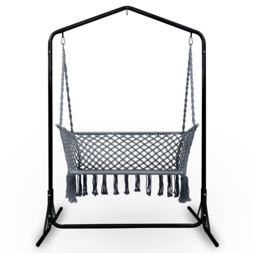 Gardeon Hammock Chair with Stand Macrame Outdoor Garden 2 Seater Grey - Image 3