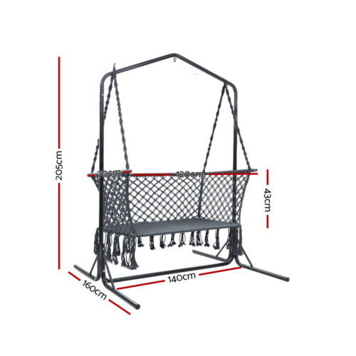 Gardeon Hammock Chair with Stand Macrame Outdoor Garden 2 Seater Grey - Image 4