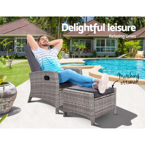 Gardeon Recliner Chair Sun lounge Wicker Lounger Outdoor Patio Furniture Adjustable Grey - Image 10