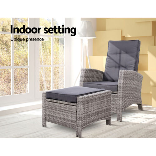 Gardeon Recliner Chair Sun lounge Wicker Lounger Outdoor Patio Furniture Adjustable Grey - Image 13