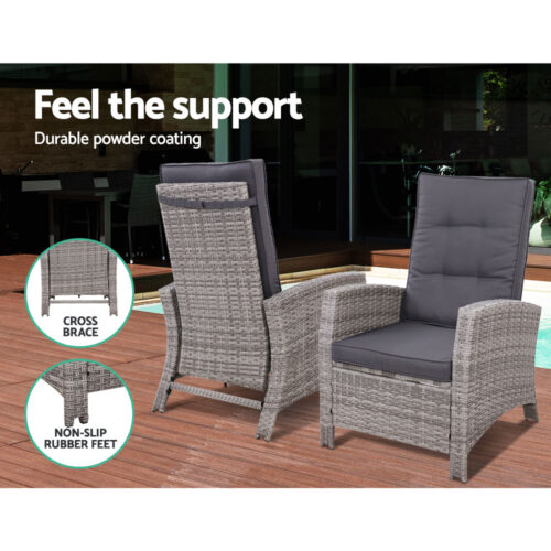 Gardeon 3PC Recliner Chairs Table Sun lounge Wicker Outdoor Furniture Adjustable Grey - Image 11