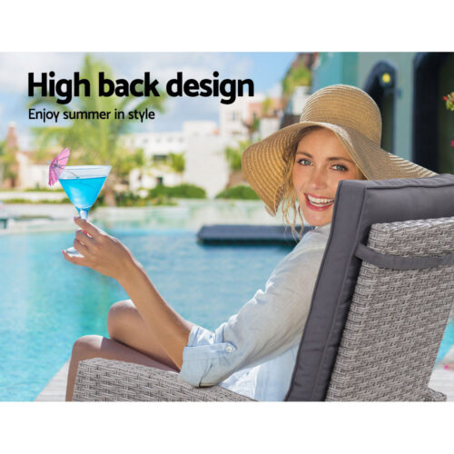 Gardeon 3PC Recliner Chairs Table Sun lounge Wicker Outdoor Furniture Adjustable Grey - Image 12