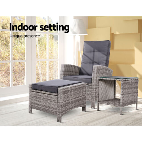 Gardeon 3PC Recliner Chairs Table Sun lounge Wicker Outdoor Furniture Adjustable Grey - Image 13