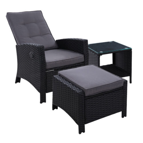 Gardeon 3PC Recliner Chairs Table Sun lounge Wicker Outdoor Furniture Adjustable Black - Image 2
