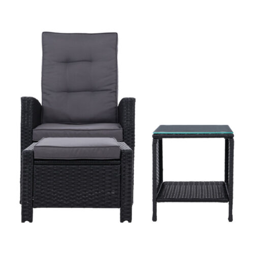 Gardeon 3PC Recliner Chairs Table Sun lounge Wicker Outdoor Furniture Adjustable Black - Image 4