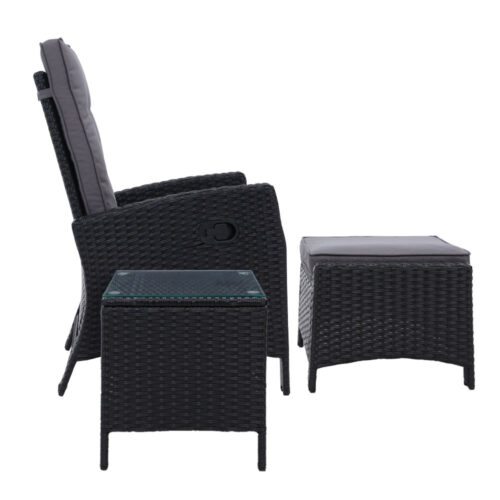 Gardeon 3PC Recliner Chairs Table Sun lounge Wicker Outdoor Furniture Adjustable Black - Image 5
