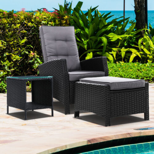 Gardeon 3PC Recliner Chairs Table Sun lounge Wicker Outdoor Furniture Adjustable Black - Image 9