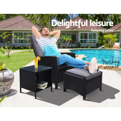 Gardeon 3PC Recliner Chairs Table Sun lounge Wicker Outdoor Furniture Adjustable Black - Image 10