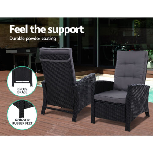 Gardeon 3PC Recliner Chairs Table Sun lounge Wicker Outdoor Furniture Adjustable Black - Image 11