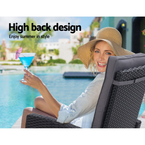 Gardeon 3PC Recliner Chairs Table Sun lounge Wicker Outdoor Furniture Adjustable Black - Image 12