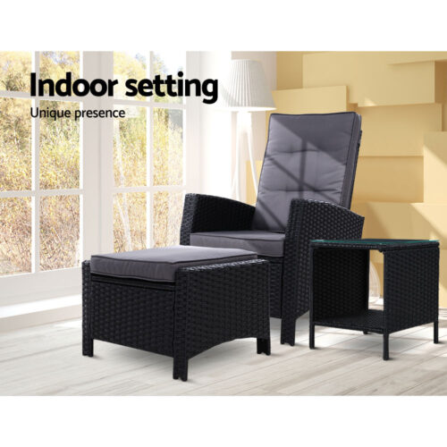 Gardeon 3PC Recliner Chairs Table Sun lounge Wicker Outdoor Furniture Adjustable Black - Image 13