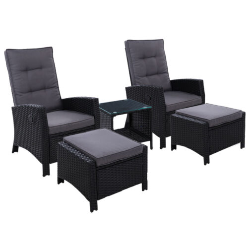Gardeon 5PC Recliner Chairs Table Sun lounge Wicker Outdoor Furniture Adjustable Black - Image 2