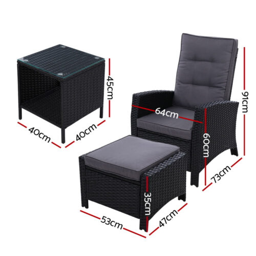 Gardeon 5PC Recliner Chairs Table Sun lounge Wicker Outdoor Furniture Adjustable Black - Image 3