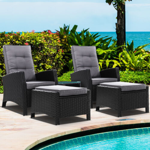 Gardeon 5PC Recliner Chairs Table Sun lounge Wicker Outdoor Furniture Adjustable Black - Image 9