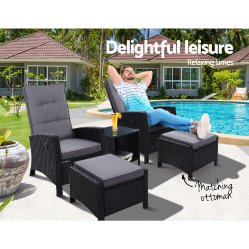 Gardeon 5PC Recliner Chairs Table Sun lounge Wicker Outdoor Furniture Adjustable Black - Image 10
