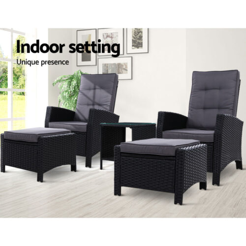 Gardeon 5PC Recliner Chairs Table Sun lounge Wicker Outdoor Furniture Adjustable Black - Image 13