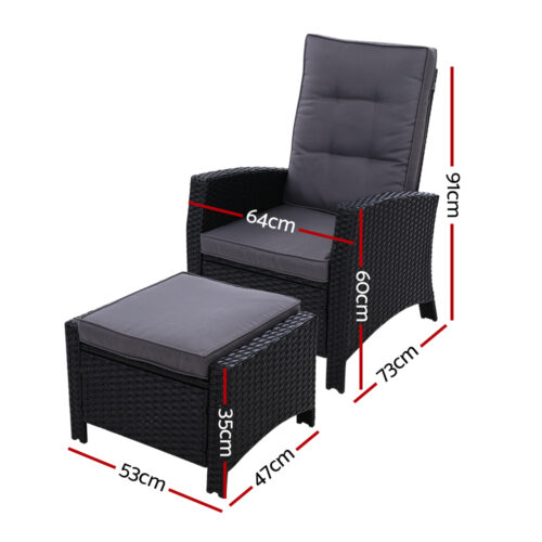 Gardeon Recliner Chair Sun lounge Wicker Lounger Outdoor Patio Furniture Adjustable Black - Image 3