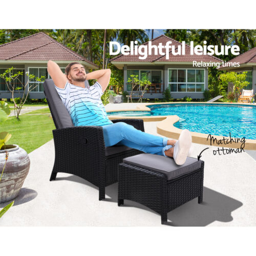Gardeon Recliner Chair Sun lounge Wicker Lounger Outdoor Patio Furniture Adjustable Black - Image 10