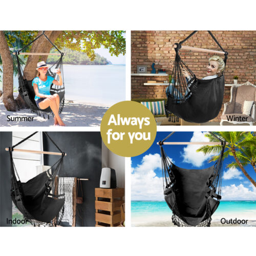 Gardeon Hanging Hammock Chair Outdoor Swing Hammocks Tassel Grey - Image 4