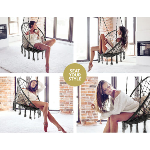 Gardeon Hammock Chair Outdoor Hanging Macrame Cotton Indoor Grey - Image 4