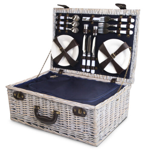 Alfresco 6 Person Picnic Basket Set Cooler Bag Insulated Blanket Plates Navy - Image 4
