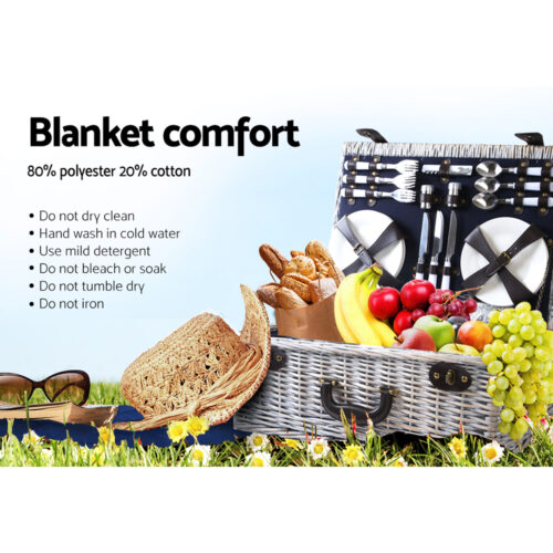 Alfresco 6 Person Picnic Basket Set Cooler Bag Insulated Blanket Plates Navy - Image 7