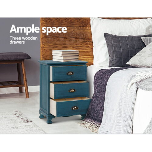 Artiss Bedside Table 3 Drawers Vintage - THYME Blue - Image 4