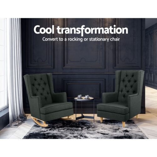 Artiss Rocking Chair Armchair Linen Fabric Charcoal Gaia - Image 3
