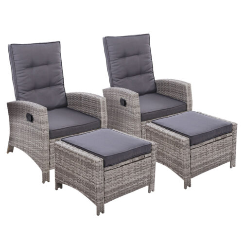 Gardeon 2PC Recliner Chairs Sun lounge Wicker Lounger Outdoor Furniture Adjustable Grey - Image 2