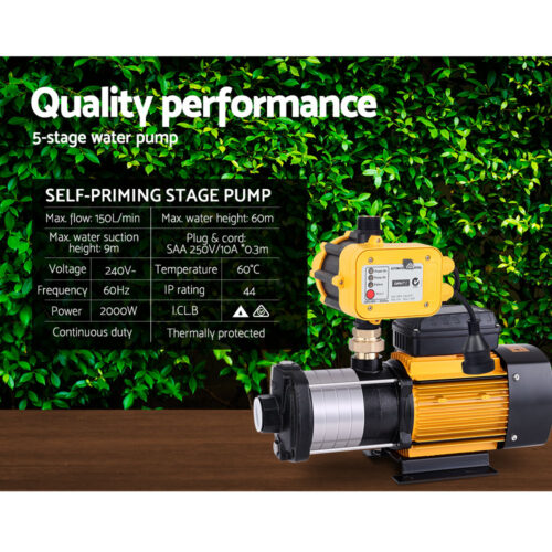Giantz Garden Water Pump High Pressure 2000W 5-Stage Tank Irrigation Yellow - Image 7