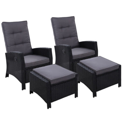 Gardeon 2PC Recliner Chairs Sun lounge Wicker Lounger Outdoor Furniture Adjustable Black - Image 2