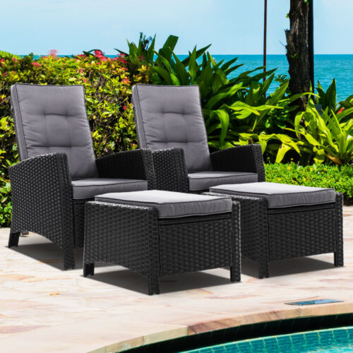 Gardeon 2PC Recliner Chairs Sun lounge Wicker Lounger Outdoor Furniture Adjustable Black - Image 9