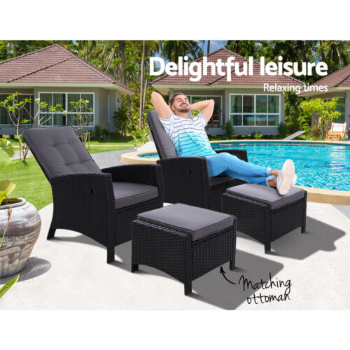Gardeon 2PC Recliner Chairs Sun lounge Wicker Lounger Outdoor Furniture Adjustable Black - Image 10