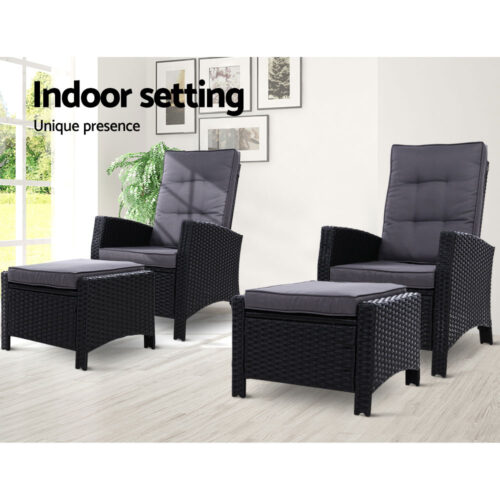 Gardeon 2PC Recliner Chairs Sun lounge Wicker Lounger Outdoor Furniture Adjustable Black - Image 13