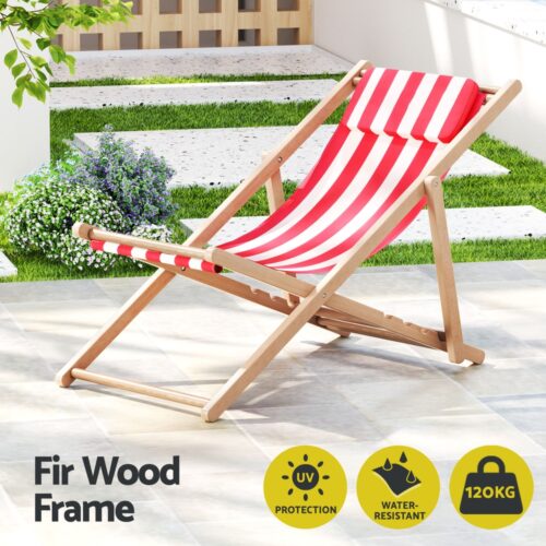 Gardeon Outdoor Deck Chair Wooden Sun Lounge Folding Beach Patio Furniture Red - Image 3