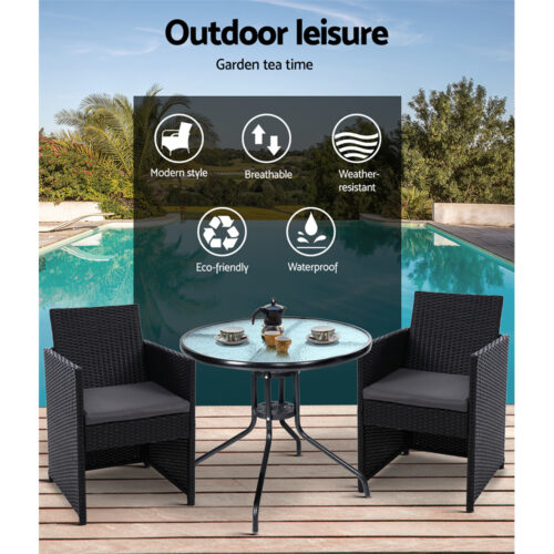 Gardeon 3PC Bistro Set Outdoor Furniture Rattan Table Chairs Cushion Patio Garden Hugo - Image 12