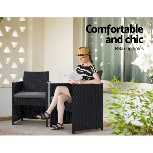Gardeon 3PC Bistro Set Outdoor Furniture Rattan Table Chairs Cushion Patio Garden Hugo - Image 13