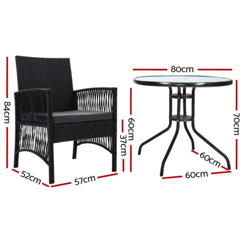 Gardeon 3PC Bistro Set Outdoor Furniture Rattan Table Chairs Cushion Patio Garden Lyra - Image 3