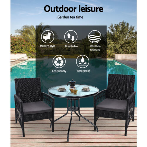 Gardeon 3PC Bistro Set Outdoor Furniture Rattan Table Chairs Cushion Patio Garden Lyra - Image 11