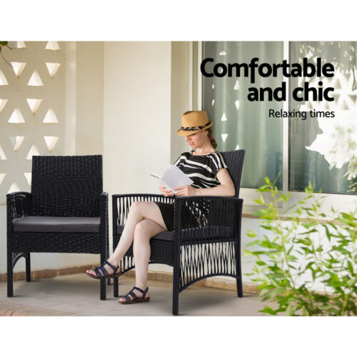 Gardeon 3PC Bistro Set Outdoor Furniture Rattan Table Chairs Cushion Patio Garden Lyra - Image 12