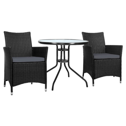 Gardeon 3PC Bistro Set Outdoor Furniture Rattan Table Chairs Cushion Patio Garden Idris - Image 2